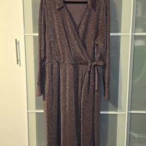 Lane Bryant Metallic Plum Faux Wrap-Front Long Sleeve Dress